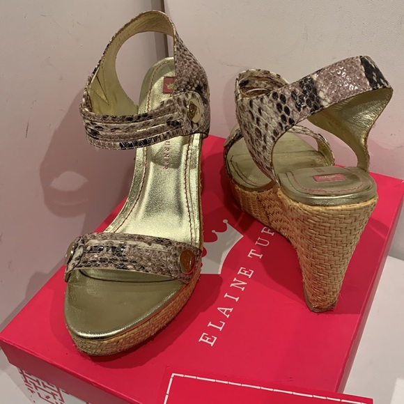 NWB 👑 Elaine Turner Kelcie Leather Raffia Wedge Platform Sandal Tan Gold Black - Picture 8 of 15